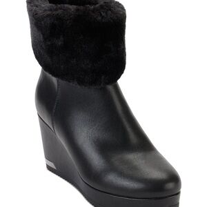 DKNY Black Wedge Boots with Faux Fur